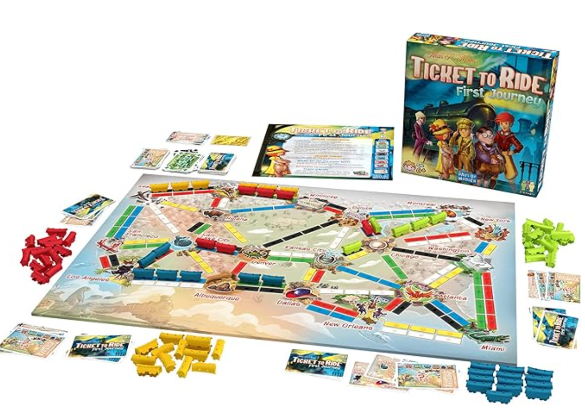 Board game set up with 'Ticket to Ride' components on a white background