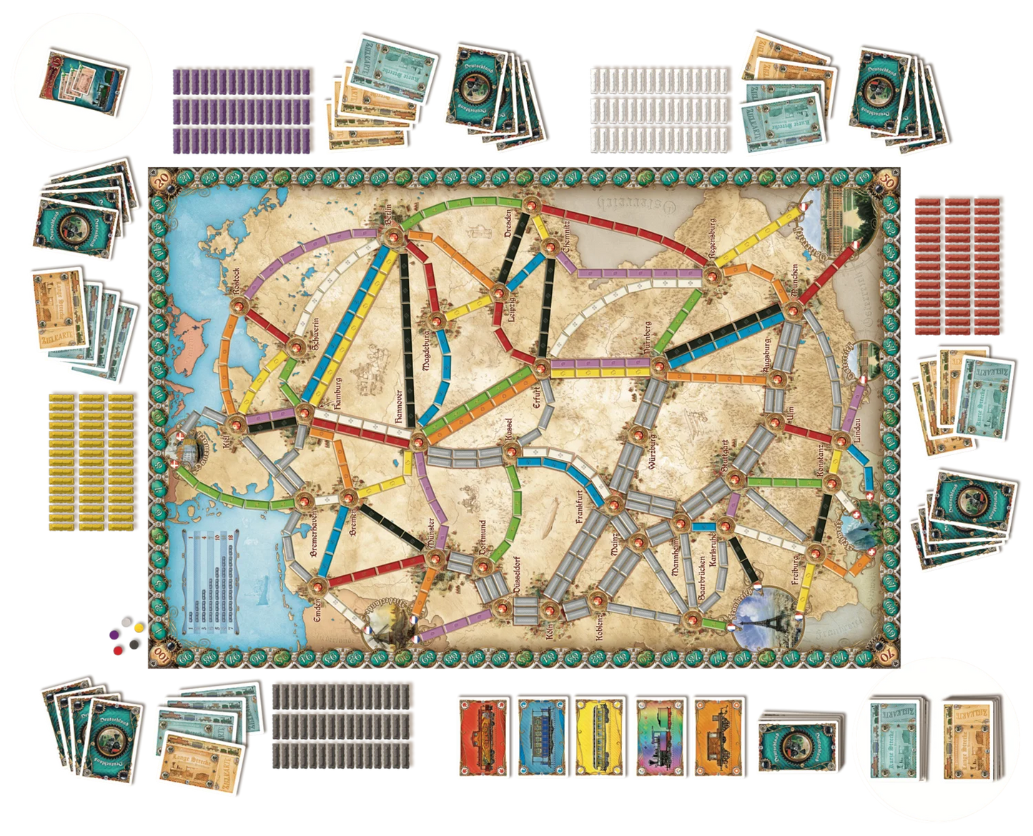 Ticket to ride germany Board game with colorful map and various cards on a white background