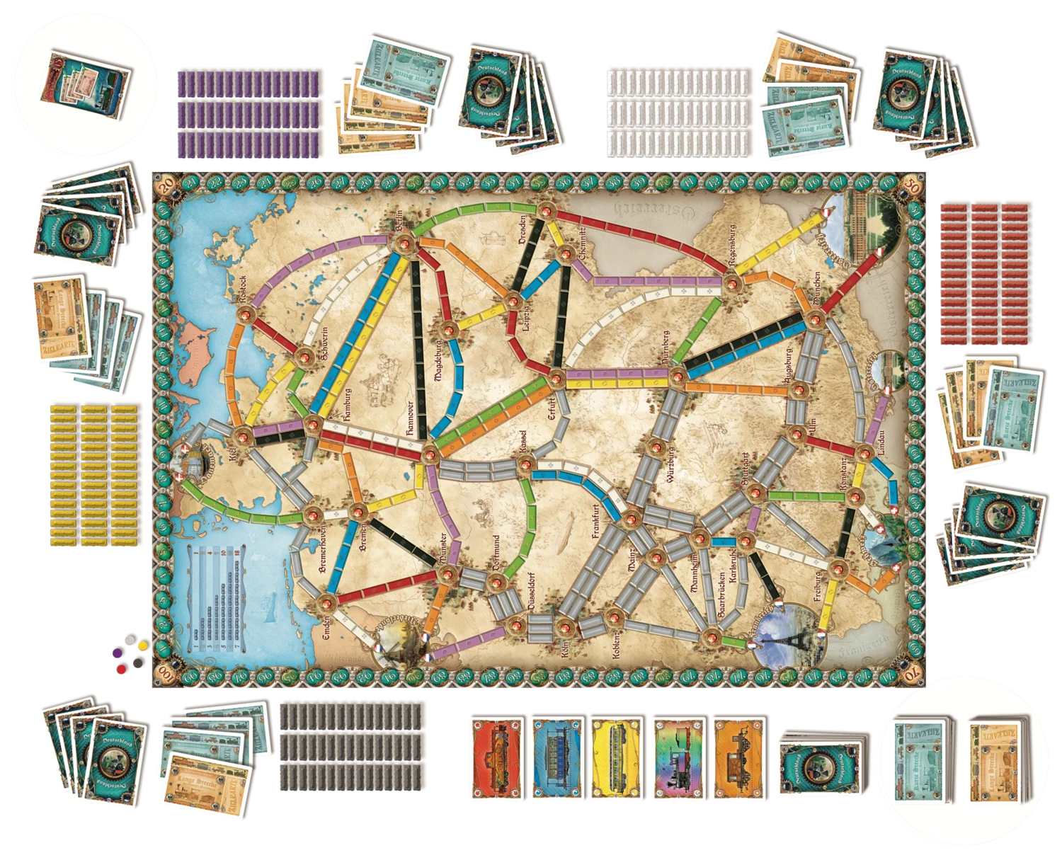 Ticket to ride germany Board game with colorful map and various cards on a white background