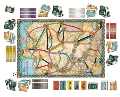 Ticket to ride germany Board game with colorful map and various cards on a white background