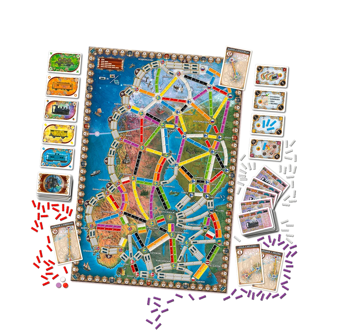 Ticket to ride northern lights board game set displayed on a white background, featuring a large illustrated game board with colorful tracks, multiple character cards, play cards, and counters arranged around it.