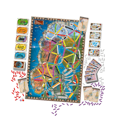 Ticket to ride northern lights board game set displayed on a white background, featuring a large illustrated game board with colorful tracks, multiple character cards, play cards, and counters arranged around it.