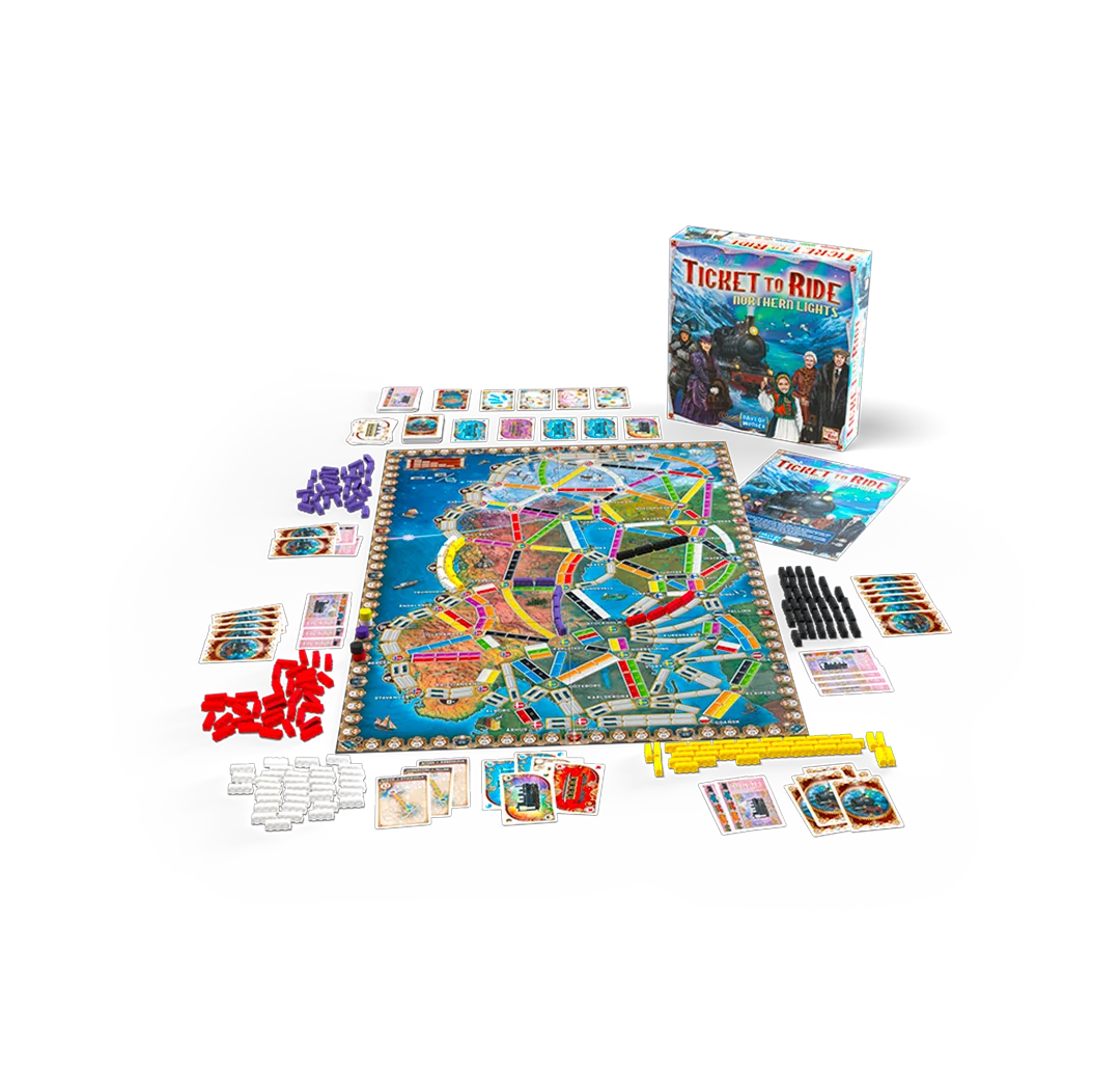 Ticket to ride northern lights  board game set displayed on a white background, showing the game board, box, cards, tokens, and other components arranged out.