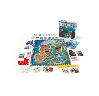 Ticket to ride northern lights  board game set displayed on a white background, showing the game board, box, cards, tokens, and other components arranged out.