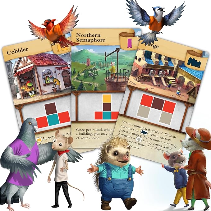 Board game components with animal characters and scenic illustrations on a white background