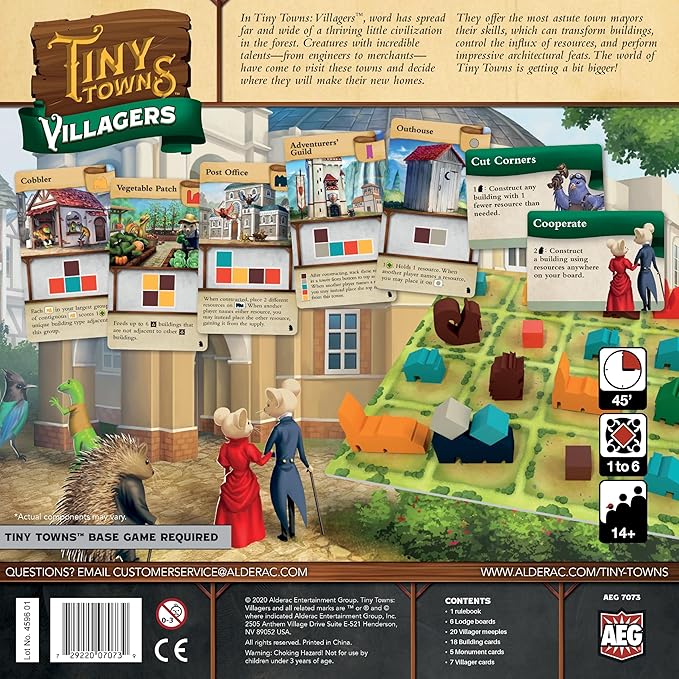Box back of Tiny Towns Villagers board game with various components and graphics.