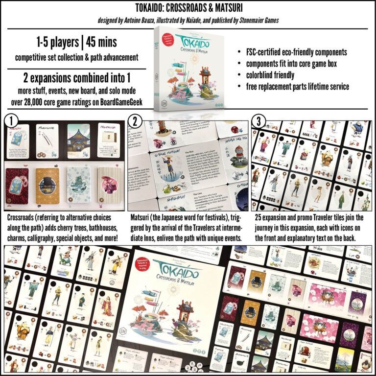 Promotional image of Tokaido Crossroads & Matsuri board game expansions with cards and components.