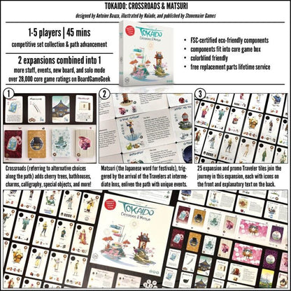 Promotional image of Tokaido Crossroads & Matsuri board game expansions with cards and components.