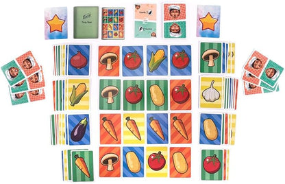 Collection of educational flashcards with colorful illustrations of vegetables and people on a white background