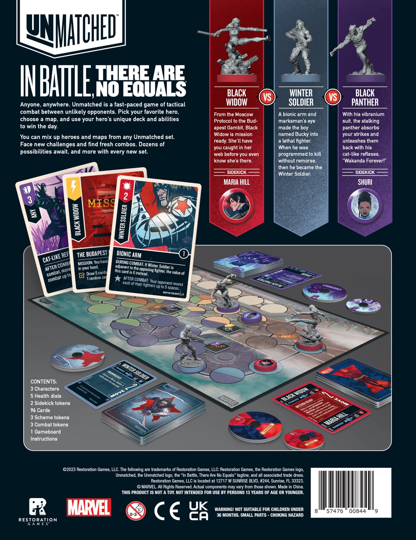 Back of a Marvel Unmatched board game box, showing the game board setup, cards, tokens, and character banners on a dark background with branding and text.