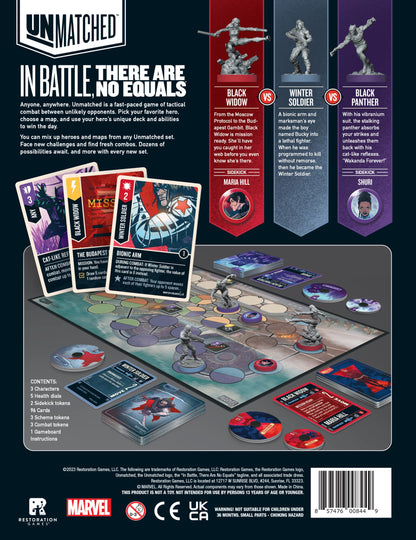 Back of a Marvel Unmatched board game box, showing the game board setup, cards, tokens, and character banners on a dark background with branding and text.