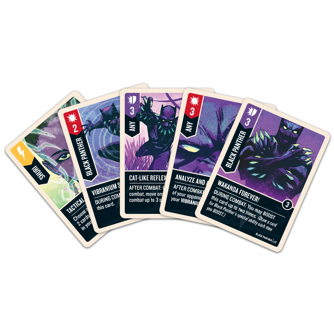 Unmatched board game action cards fanned out on a white background, featuring illustrated dark creatures and purple, black, red, green, and yellow card faces.