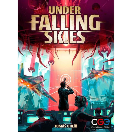 Board game box for 'Under Falling Skies' with a futuristic cityscape and flying saucers.