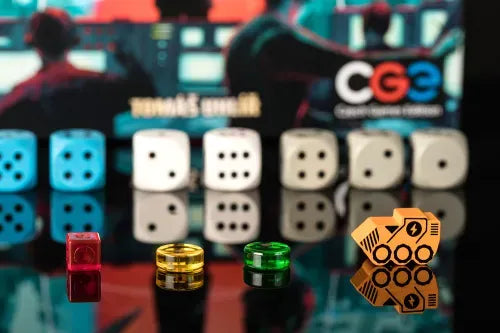 Under Falling Skies Dice and gaming pieces on a reflective surface with a blurred control panel in the background.