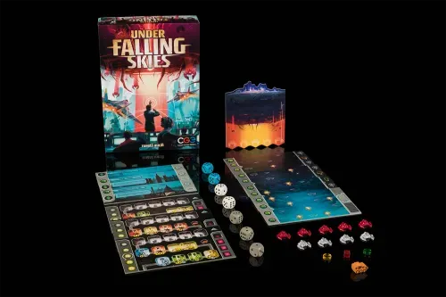 Under Falling Skies Board game components including a box, cards, dice, and game boards on a black background