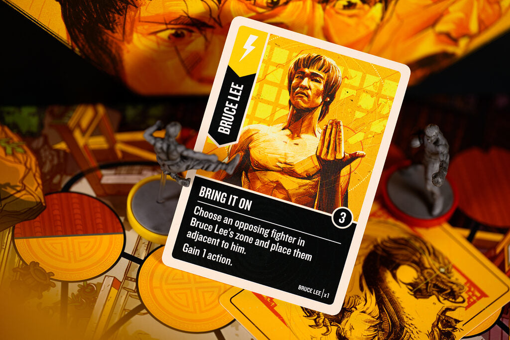 Card featuring Bruce Lee with game board and figurines in the background