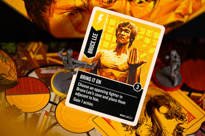 Card featuring Bruce Lee with game board and figurines in the background