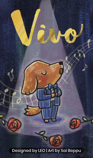 Vivo trick taking game with Illustration of a dog in a suit with music notes and roses, under a spotlight with 'Vivo' text.