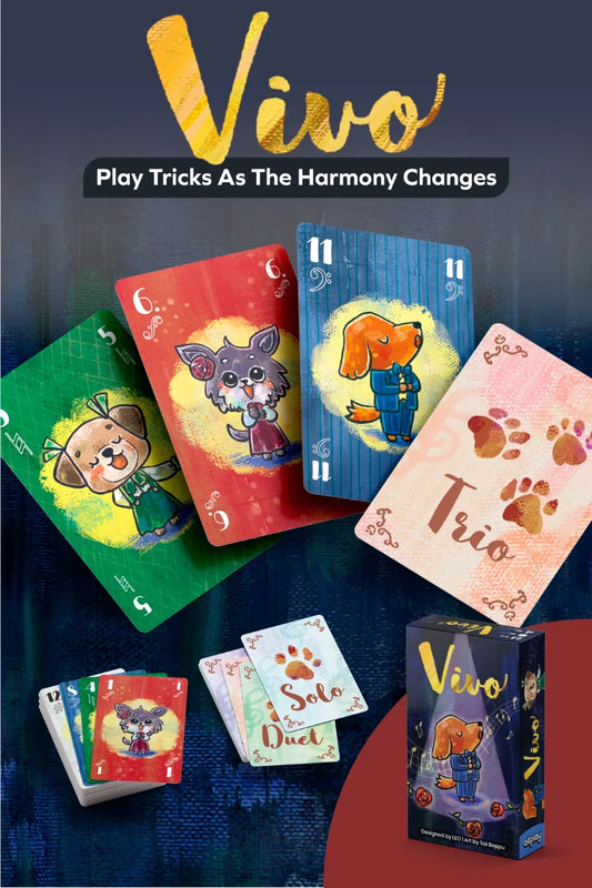 Colorful playing cards with animal illustrations and a 'Vivo' box on a dark background