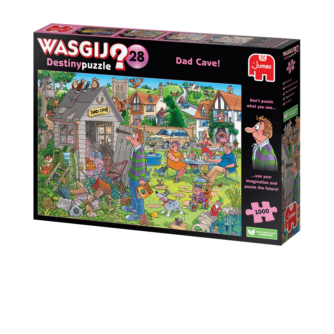 Jigsaw puzzle box titled 'Dad Cave' by Wasgij on a white background