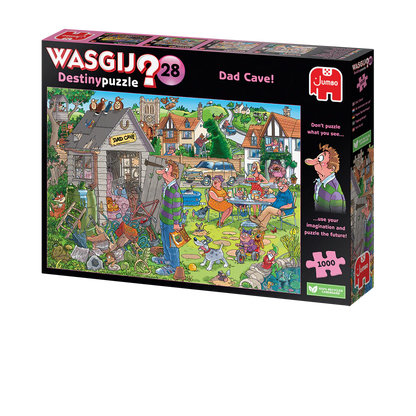 Jigsaw puzzle box titled 'Dad Cave' by Wasgij on a white background