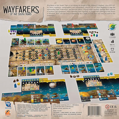 Board game packaging for 'Wayfarers of the South Tigris' with game pieces and components.