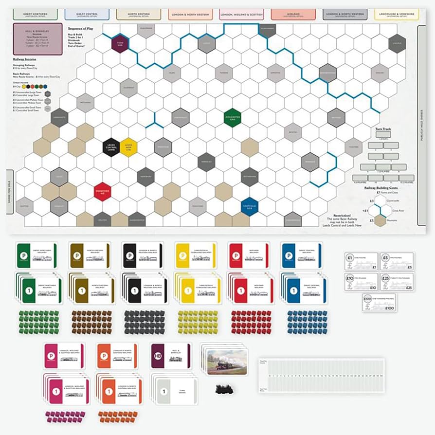 West Riding Revisited Board game components including a hexagonal game board and various cards on a white background