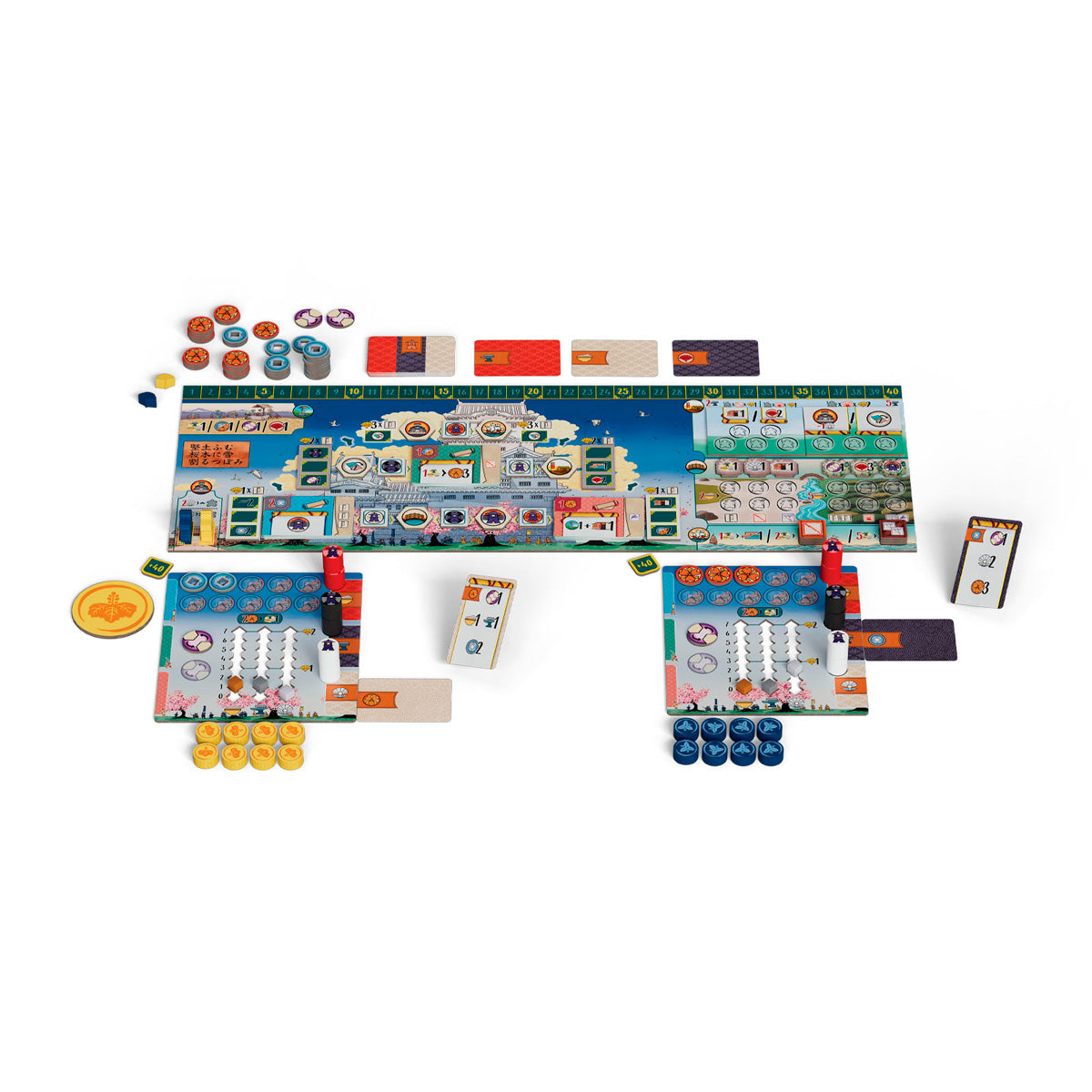 Board game components including a large game board, cards, and pieces on a white background