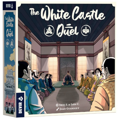 Board game box for 'The White Castle Duel' with illustrated scene and Devir branding.