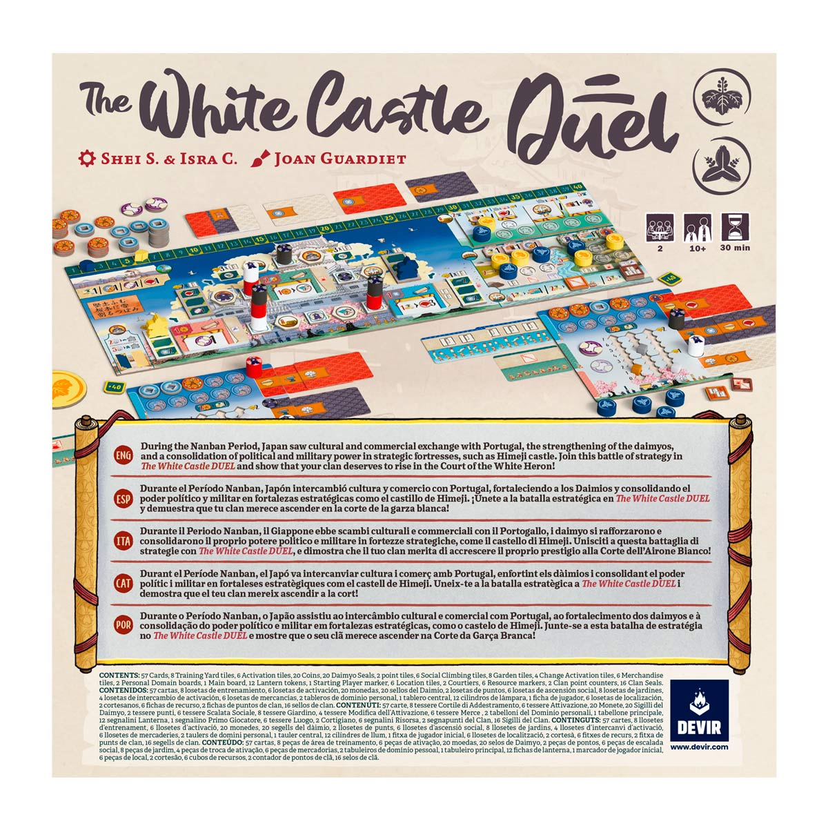 Board game packaging for 'The White Castle Duel' with colorful board and pieces.