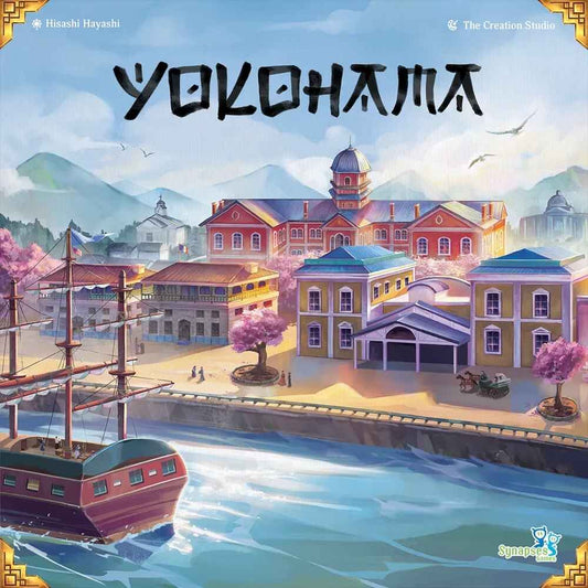 Board game box cover of 'Yokohama' with a scenic illustration of a port town.
