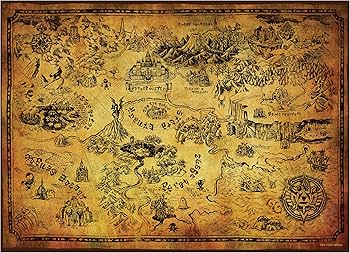 Zelda Vintage-style map with illustrations of various landmarks and animals on a brown background
