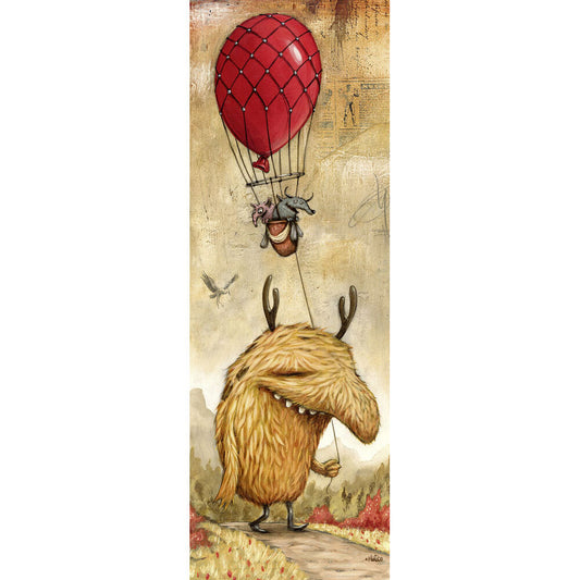 Puzzle of a creature with antlers riding a red hot air balloon on a textured background