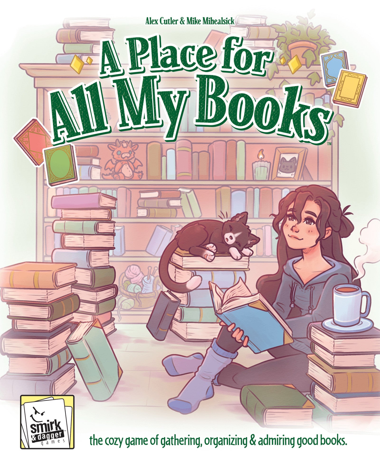 Board Game  'A Place for All My Books' with a person reading a book, a cat, and stacks of books.
