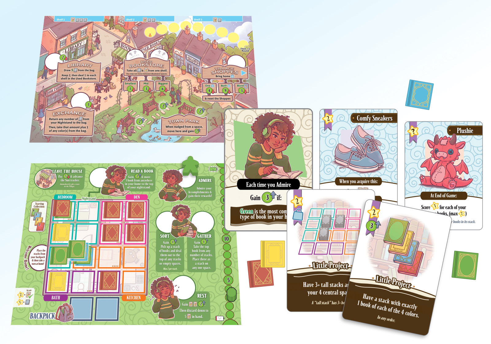 Board Game components including cards and a map on a light blue background