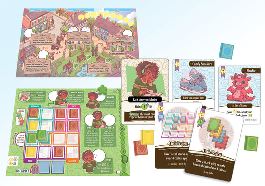 Board Game components including cards and a map on a light blue background