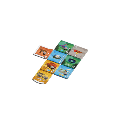 Set of colorful playing cards arranged in a pyramid shape on a white background