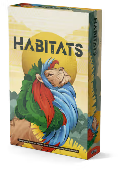 Board game box for 'Habitats' with colorful illustration of a character and nature elements.