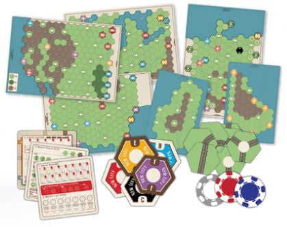 Age of Steam Board game components including maps, cards, and game pieces on a white background