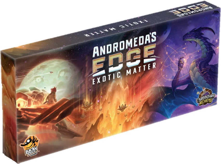 Board game box for 'Andromeda's Edge Exotic Matter' with space-themed artwork on a white background.