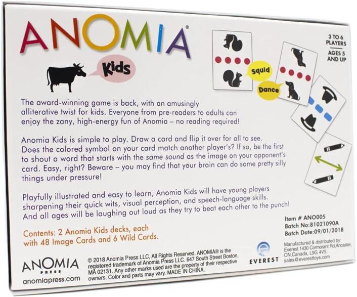 The back of the Anomia Kids board game box, showing the product title, rules text, sample cards, and company logos including Anomia, Evergreen, and Anomia Press.