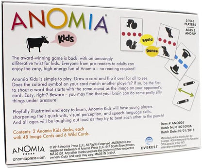 The back of the Anomia Kids board game box, showing the product title, rules text, sample cards, and company logos including Anomia, Evergreen, and Anomia Press.