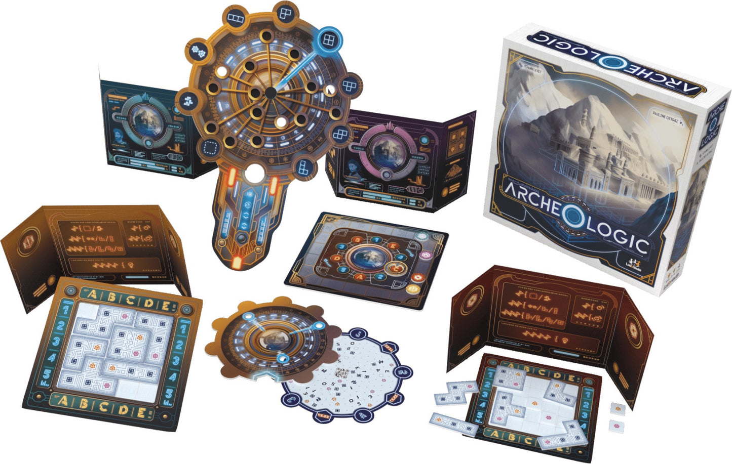 Board game components including a large clock-like piece and multiple cards on a white background, with 'Archeologic' branding.
