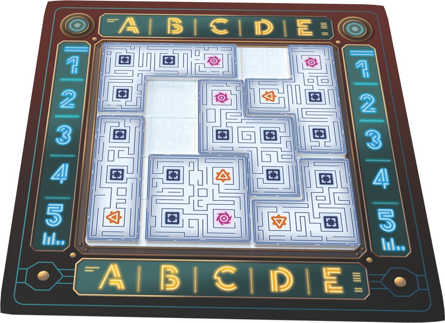 Board game with maze design and letter and number markers on a white background
