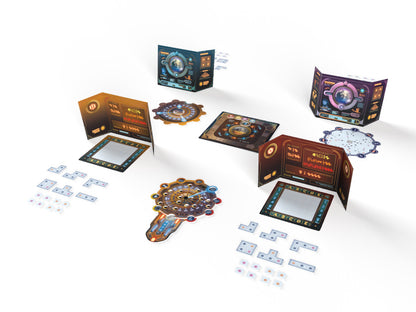 Board game components including cards and board pieces on a white background