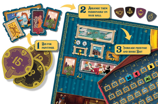 Board game components including cards and a board with game instructions.