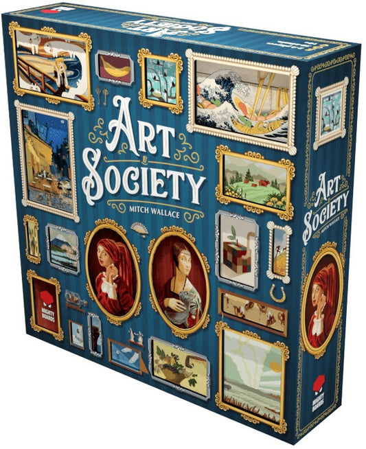 Board game box for 'Art Society' by Mitch Wallace with decorative frames and images on a blue background.