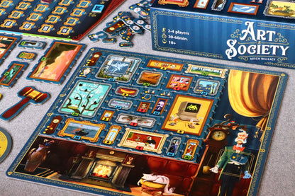 Board game 'Art of Society' with various game pieces and cards on a table.