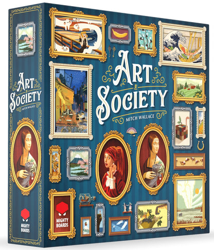 Board game box for 'Art Society' with artistic designs and text.