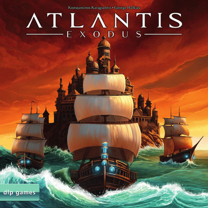 Board game cover of 'Atlantis Exodus' with ships and a castle against an orange sky.